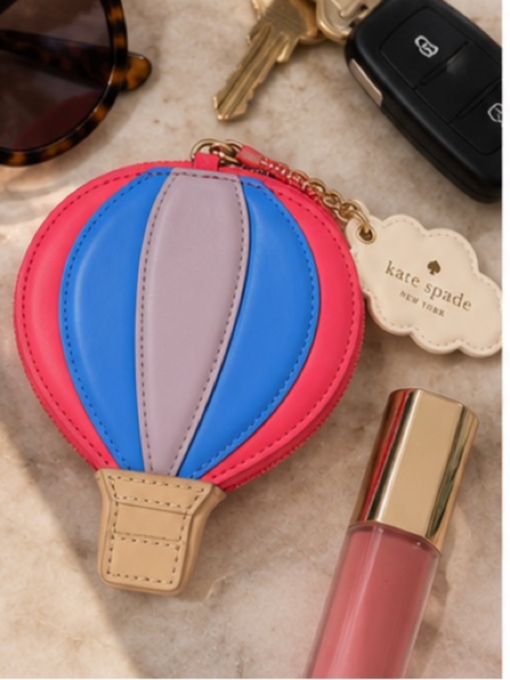 kate spade Hot Air Balloon Coin Purse - Pink, Blue, Lilac, Tan 100% leather RARE